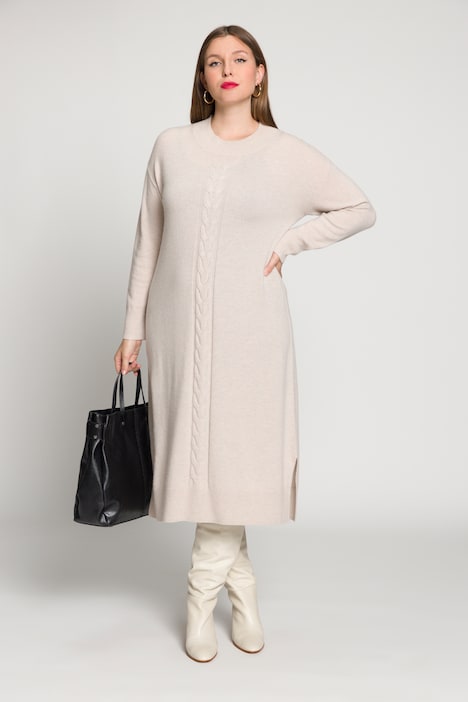 Strickkleid, Zopfmuster, Oversized, Stehkragen, Langarm