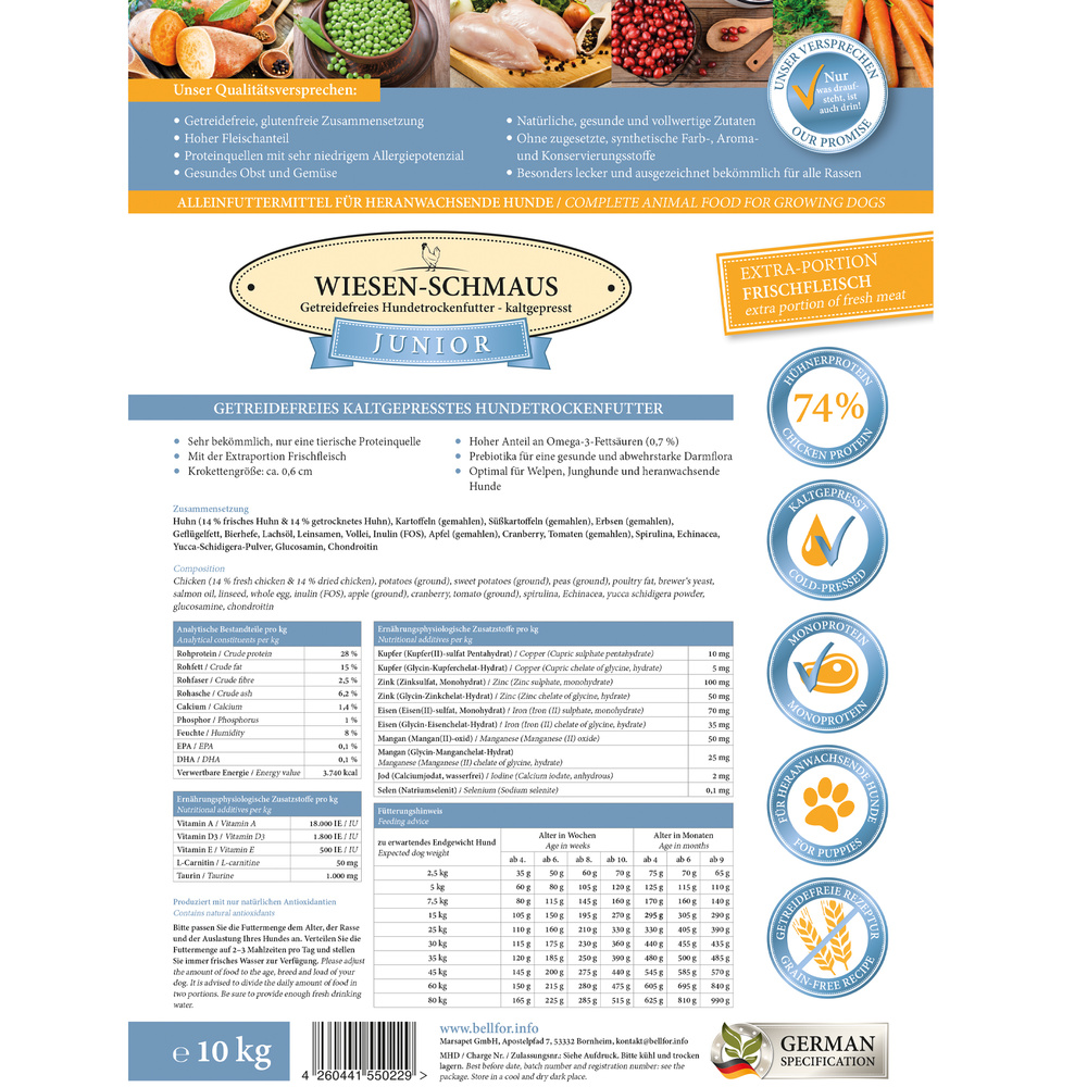 Сroquettes pressés à froid avec poulet - wiesen-schmaus junior - 10 kg