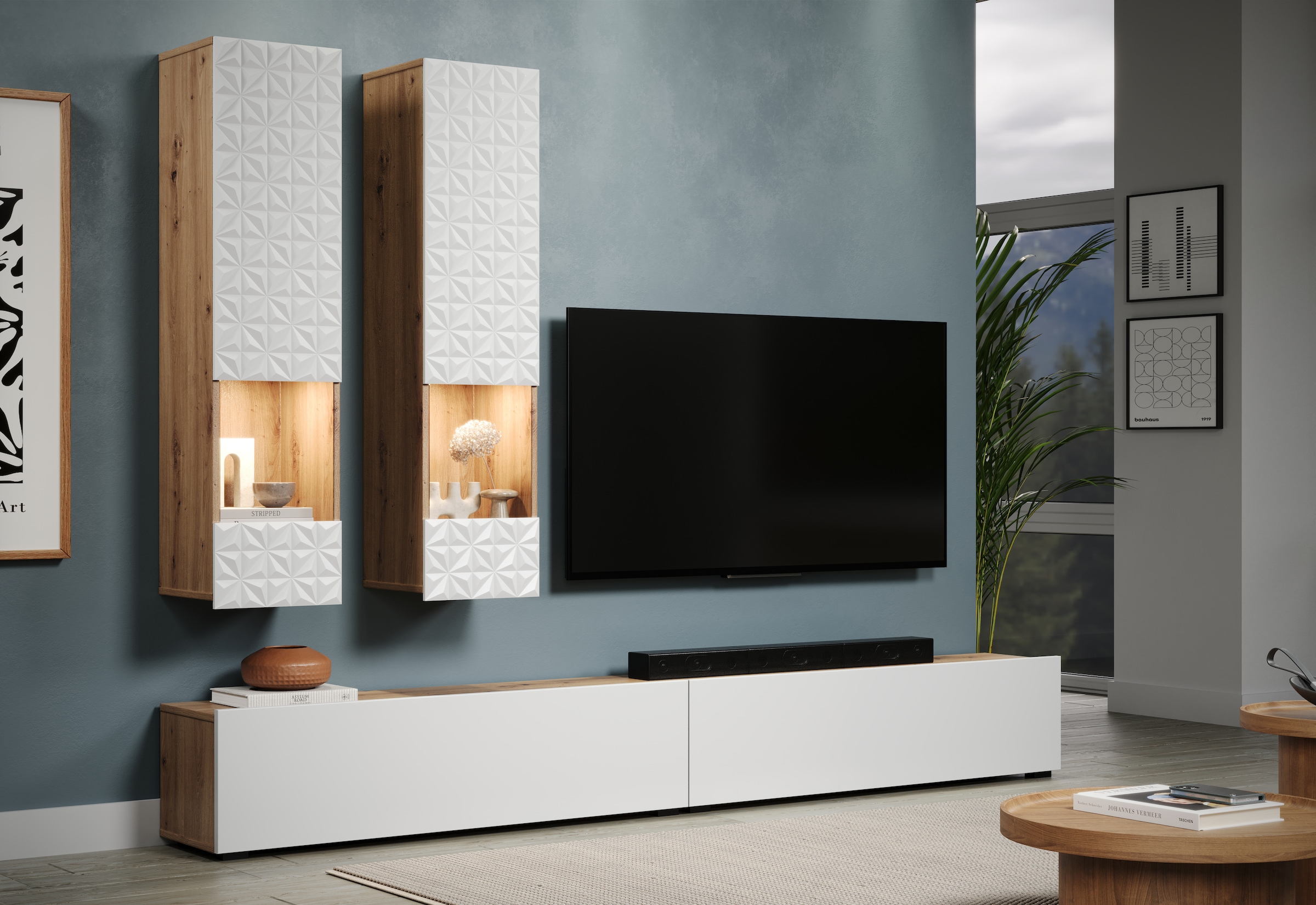 INOSIGN Wohnwand »Rezzo, 2 Hängevitrinen mit Relief-Front, 2 Lowboards je Br. 120 cm« Komplett-Set, 4 Stk. tlg.
