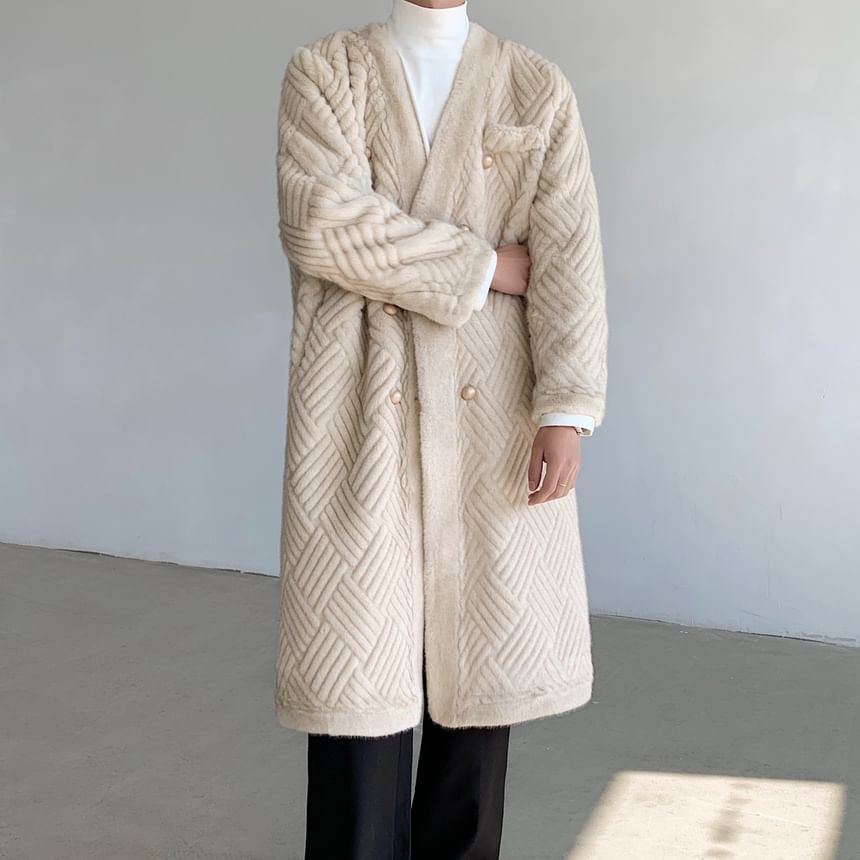 Freehop - V-hals effen fleece midi-dubbelrijsjas