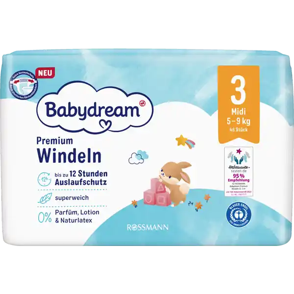 Premium Windeln Größe 3 Midi, 46 Stück, 5-9 kg