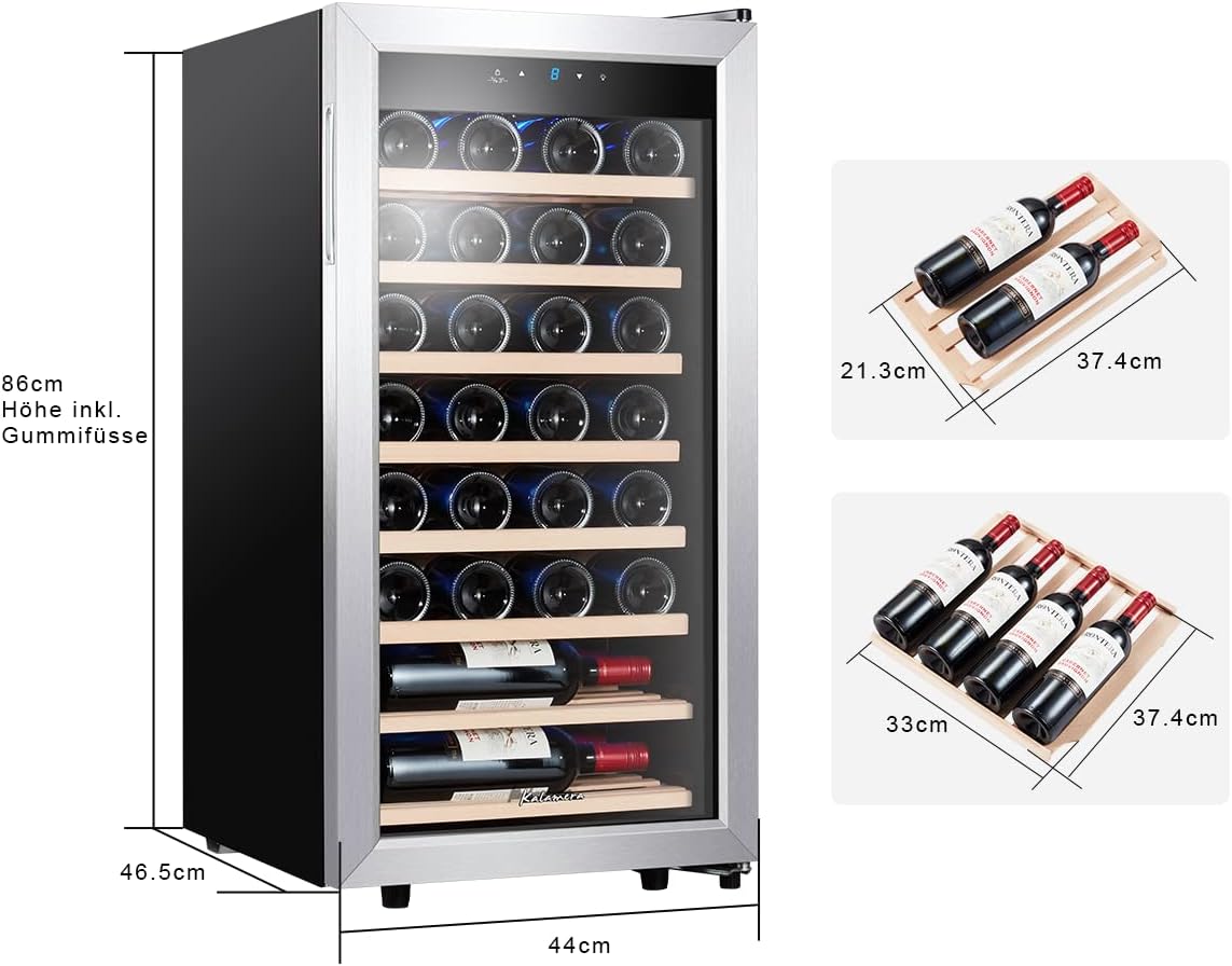 Kalamera Weinkühlschrank, 28 Flaschen 86 Liter, Touch-Bedienfeld, Edelstahl Glastür, 5-18°C Kühlzone, Abnehmbar Holzauflagen, KRC-86FCSS-W
