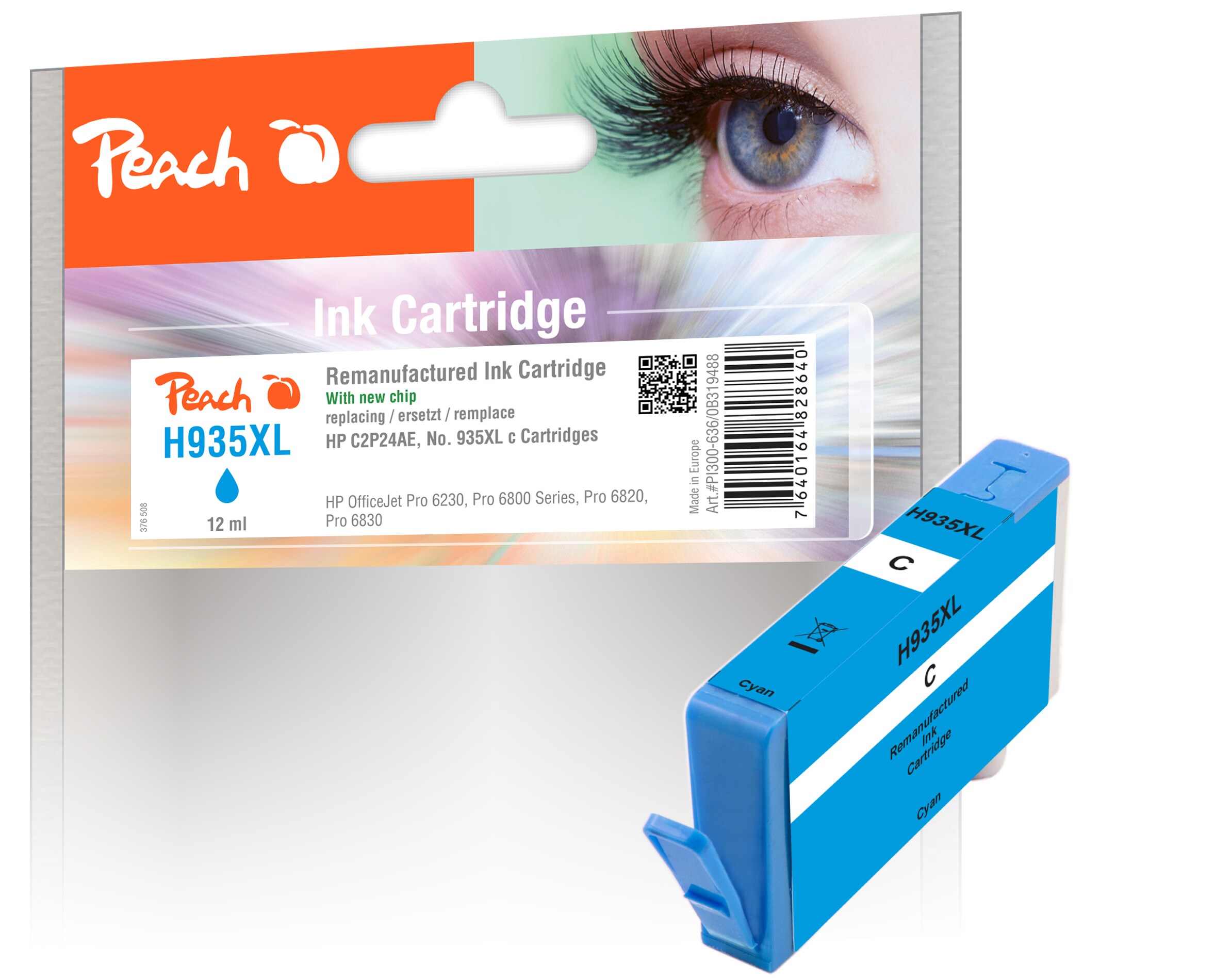 Peach HP 935 XLc Druckerpatrone XL cy ersetzt HP No. 935XL c, C2P24A für z.B. HP OfficeJet Pro 6230, HP OfficeJet Pro 6830, HP OfficeJet 6815 (wiederaufbereitet)