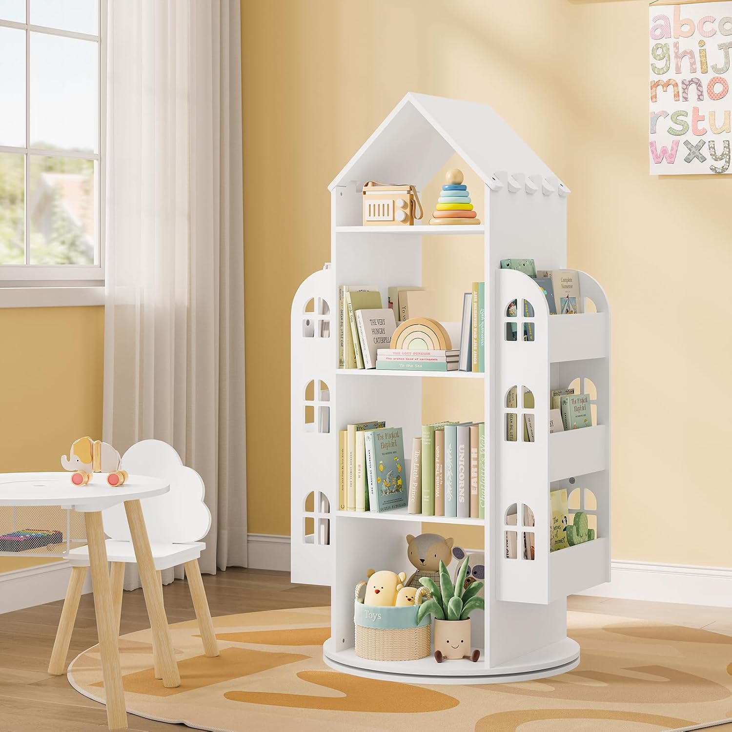 WOLTU Drehbares Bücherregal Kinder, Kinderregal Kinderbücherregal, Mit 4 Ebenen 2 Seitenregalen, Regal Hausform, 63x125x59 cm, Weiß