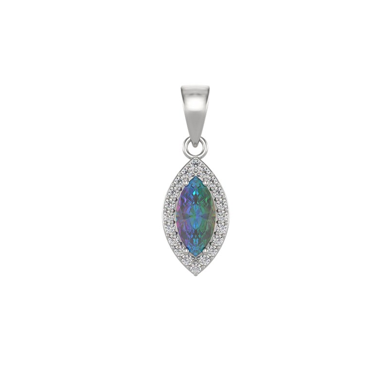 Pendentif argent rhodié pierre synthétique multicolore forme amande et cubic zirconia
