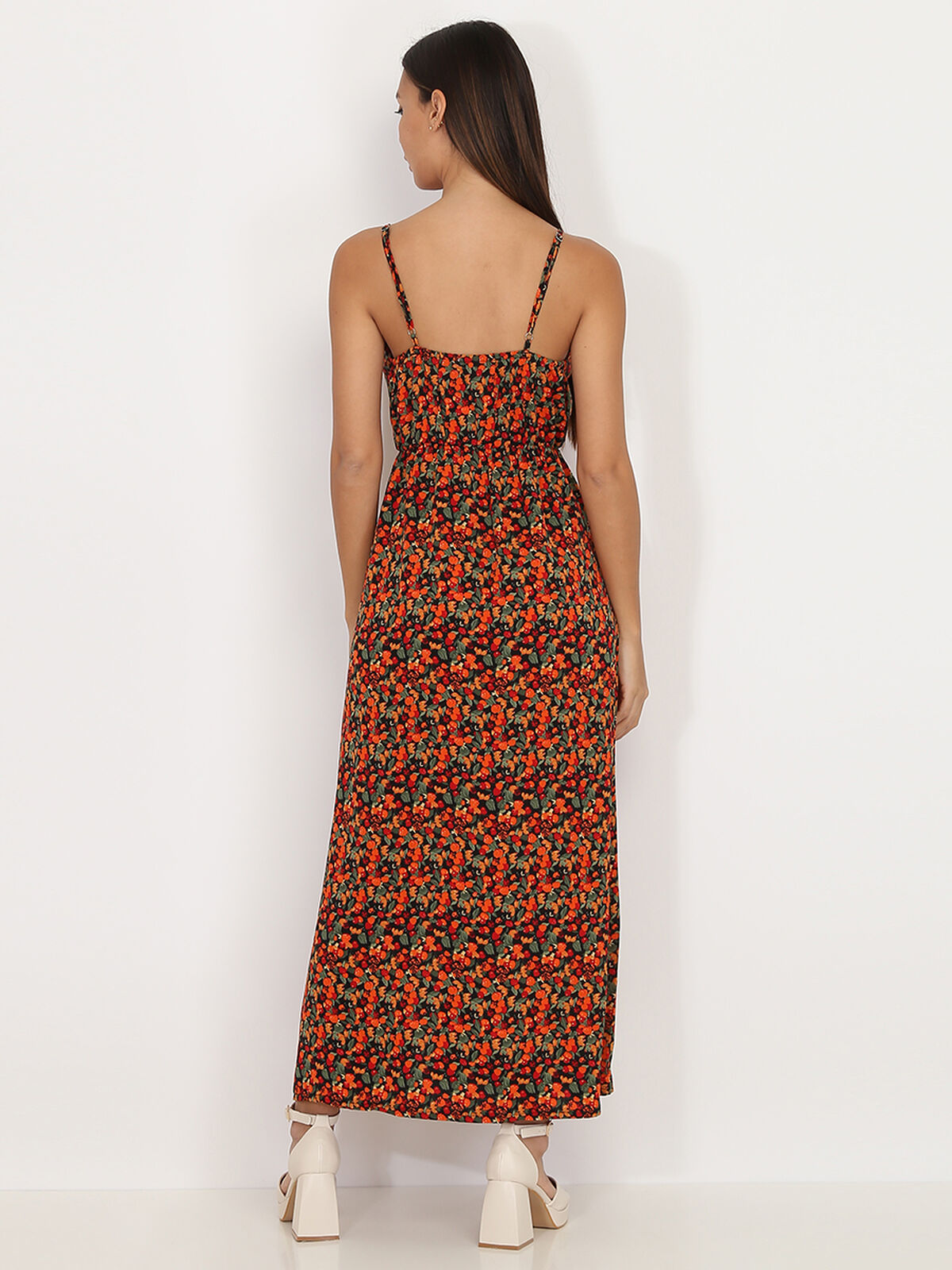 Robe longue fendue à motif fruits- Noir