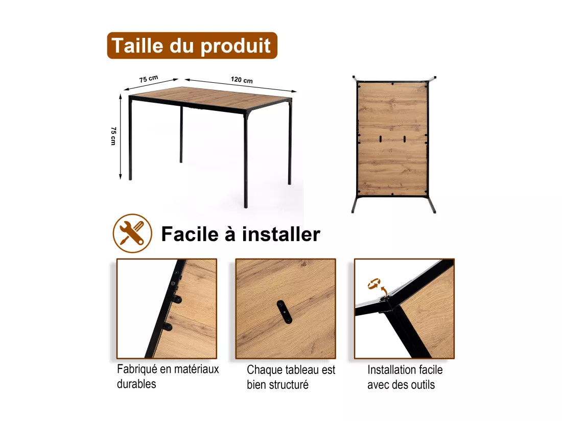 URBAN MEUBLE Table de salle à manger rectangulaire effet bois de style industriel pieds noirs 120x75cm