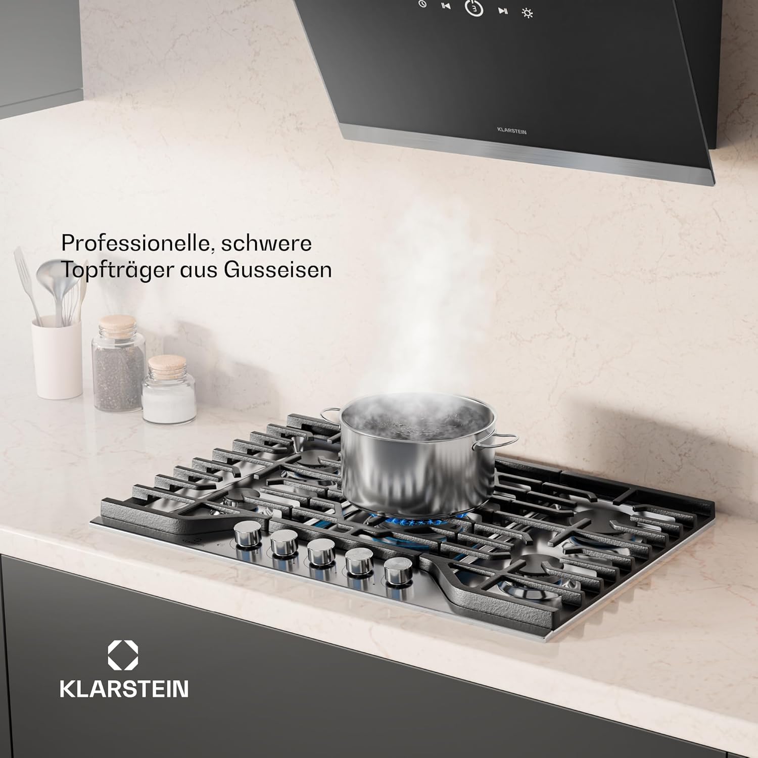 Klarstein Turbocast Gaskochfeld - 5-Brenner Edelstahl 304, 3,4 kW Wokbrenner, Gusseiserne Pfannenhalter, Elektrische Zündung, Sicherheitsabschaltung, LPG-Umrüstsatz, Gasherd, 750x500 mm