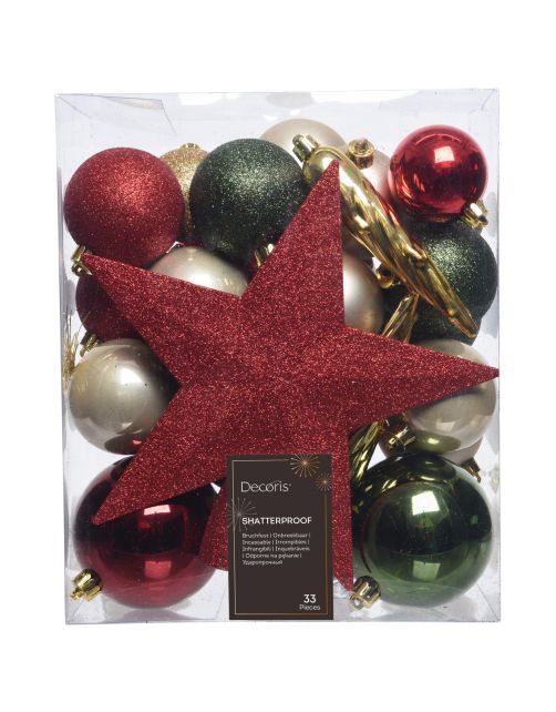 Decoris Kerstballen Mix - Kerstboomversiering - Goud Groen Rood 33 stuks 9 Assortiment