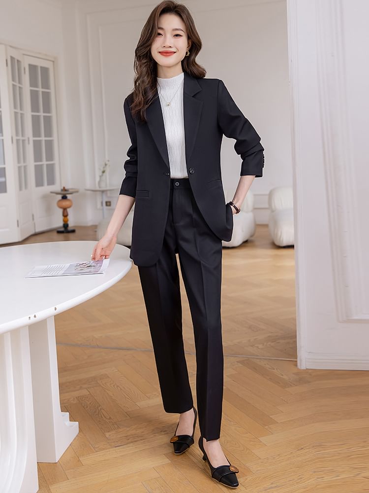Skyheart - Effen blazer met één knoop / Hoge taille, rechte broek / Set