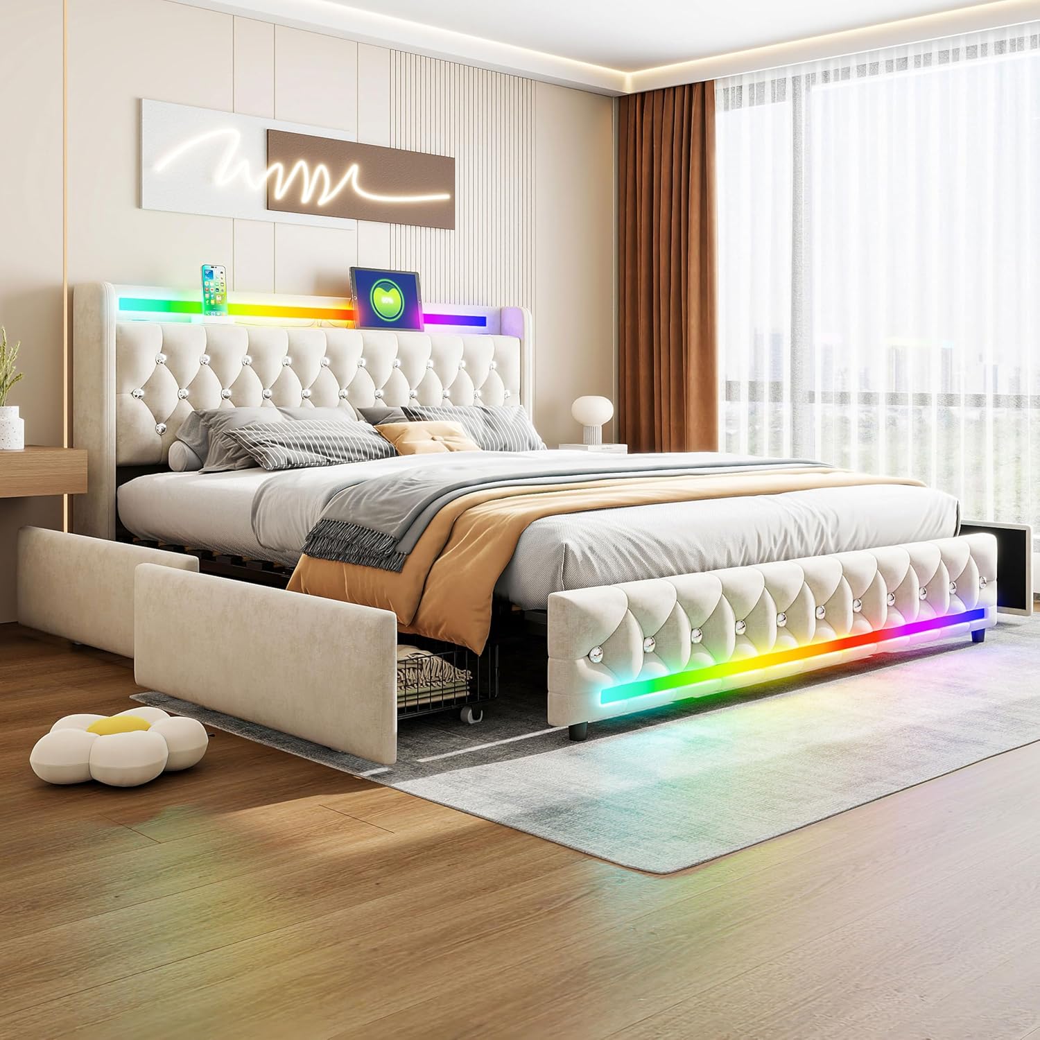 5-in-1 Gepolstertes Bett 160x200cm mit Bluetooth-Lautsprechern, LED-Beleuchtung, USB & Type-C Ladestation, 4 Schubladen, Holzlattenrost, Samtbett – Multifunktionaler Bettrahmen mit Kopfteil