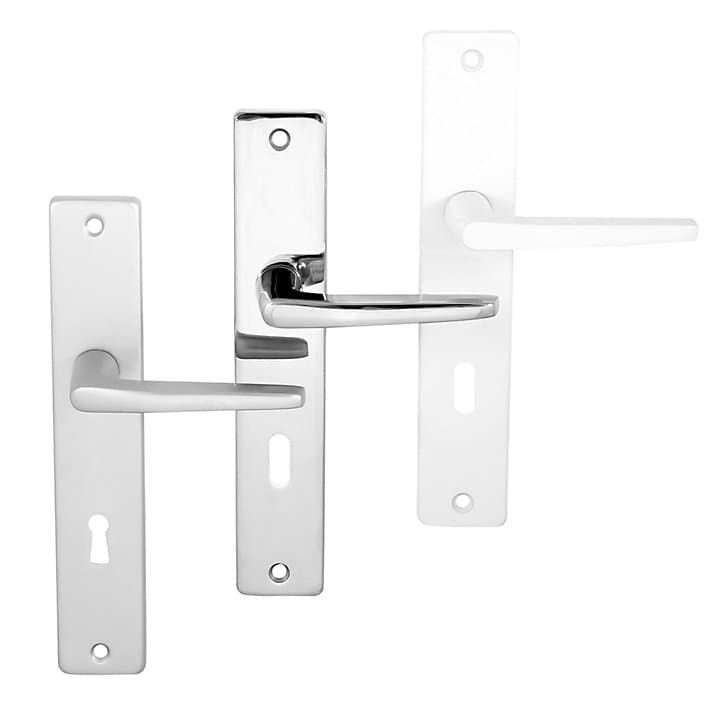 Ensemble poignée sur plaque rectangulaire serrure Colan satin blanc L.106mm x l.39.8mm entraxe 195mm