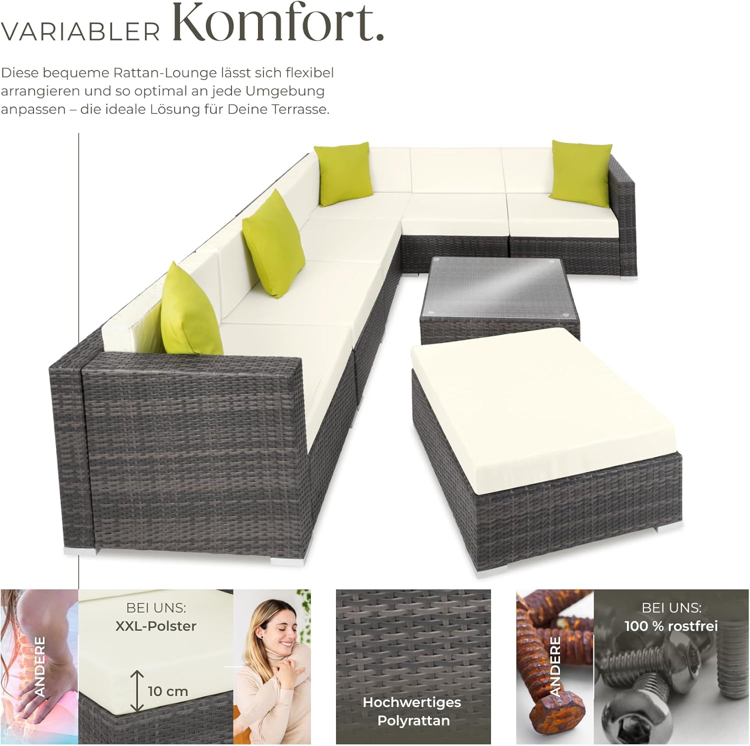 tectake® Poly Rattan Lounge, Garten Loungemöbel Set für 6 Personen, große Sitzgruppe mit L-Form Sofa und Esstisch Outdoor, Gartenmöbel wetterfest, Terrassenmöbel inkl. Hocker und Kissen - grau