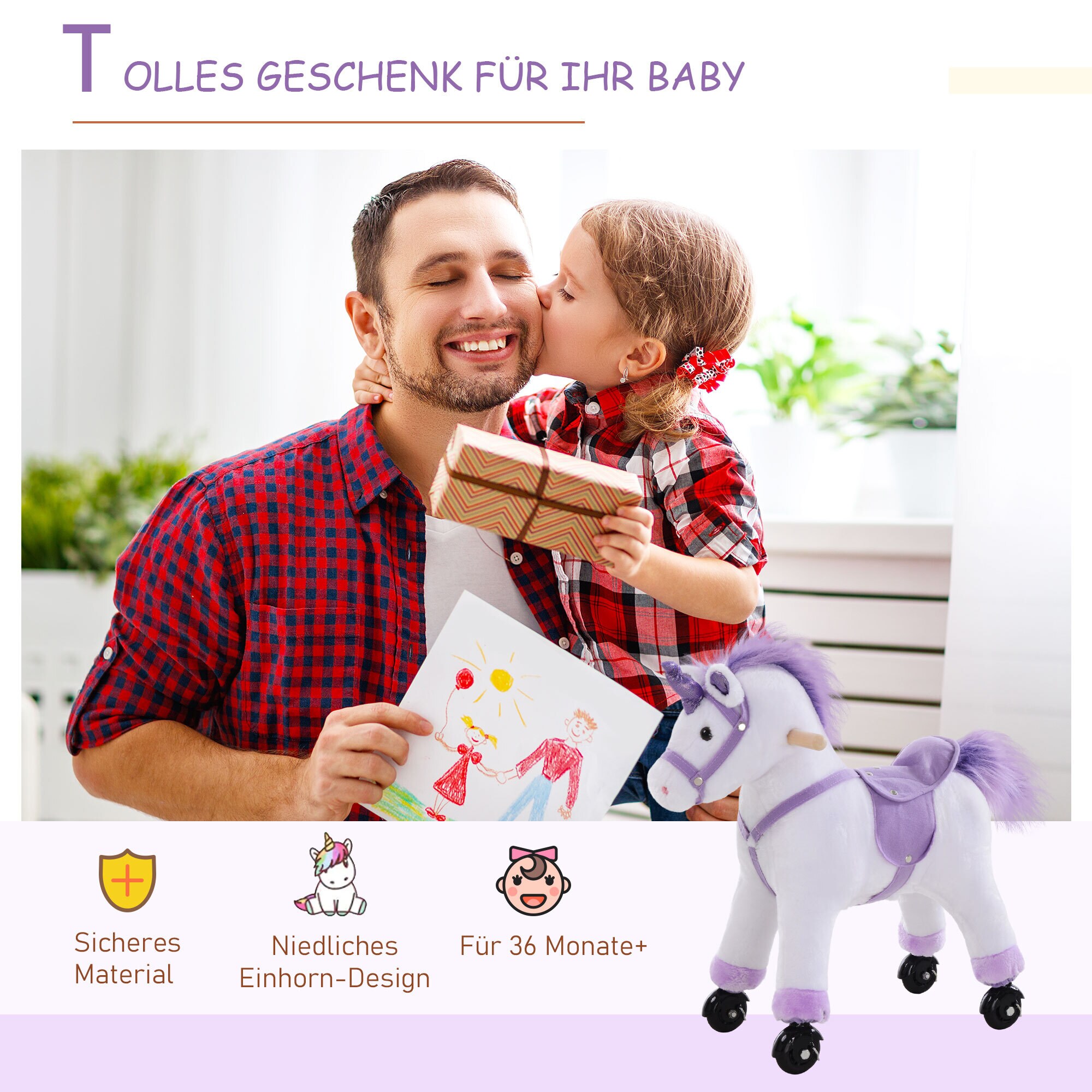 HOMCOM Plüsch-Einhorn auf Rollen weiß, lila 55 x 23 x 60 cm (LxBxH)