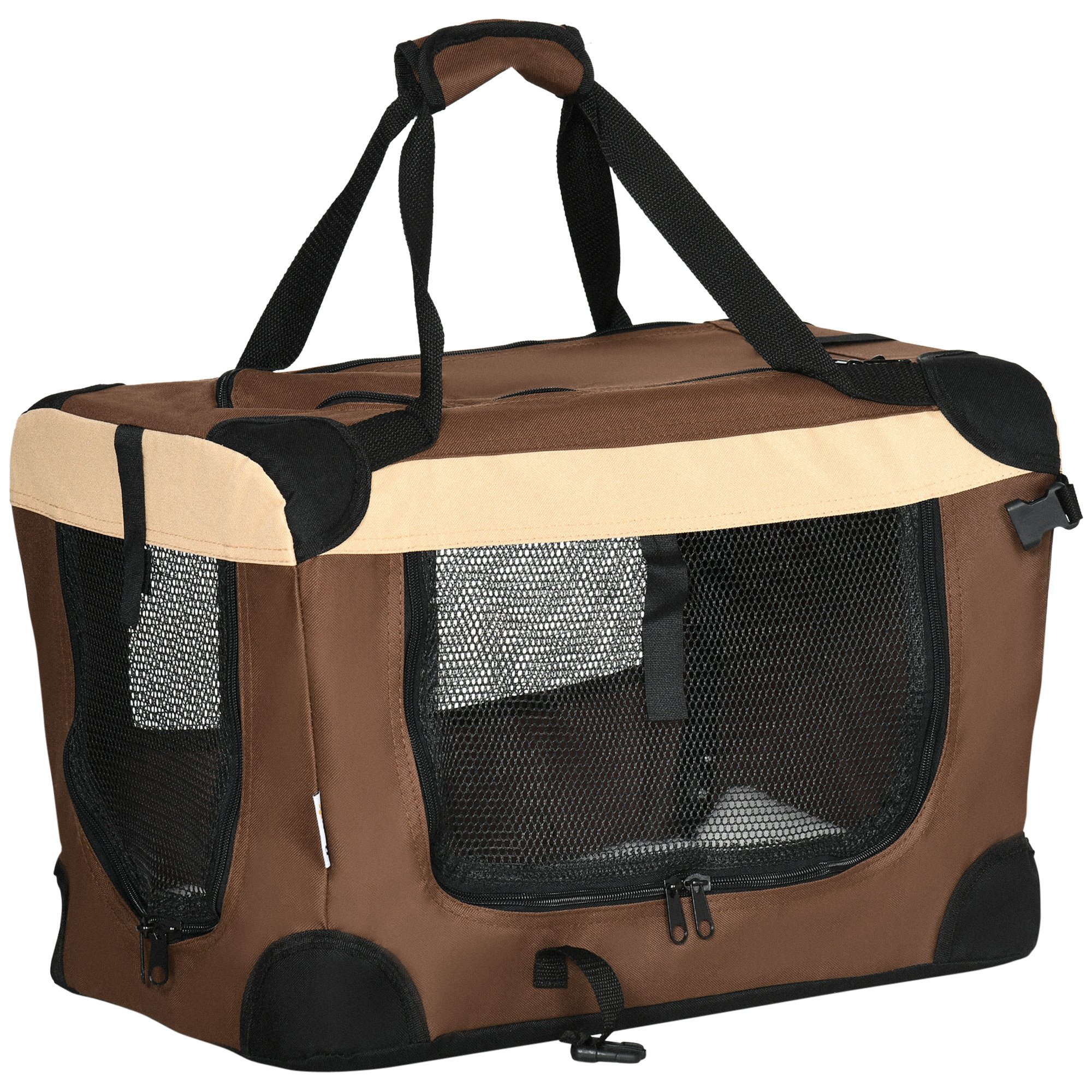Mochila transportadora PawHut para cães e gatos, bolsa dobrável com almofada macia e 2 alças de ombro para carro, avião e viagens, 50,5 x 33,5 x 35 cm, marrom