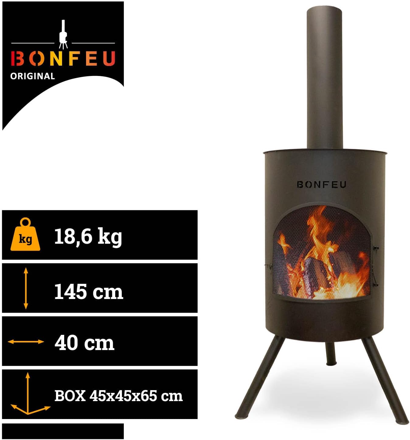 BonFeu BonTon 40 Schwarz - Terrassenofen - Feuerstelle mit Funkenschutz für entspannte Abende - Feuersäule Outdoor - Terrassenkamin mit Grillrost - Gartenofen aus Cortenstahl - 40x40x145cm