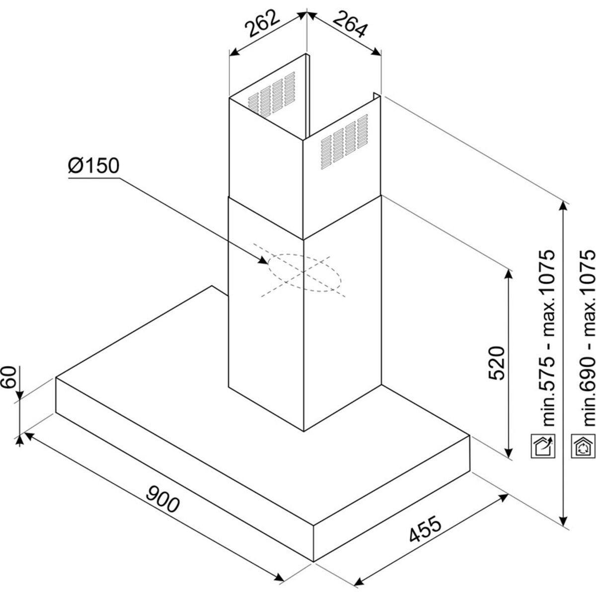 KBT9L4VN veggmontert ventilator 90 cm, rustfritt stål/glas