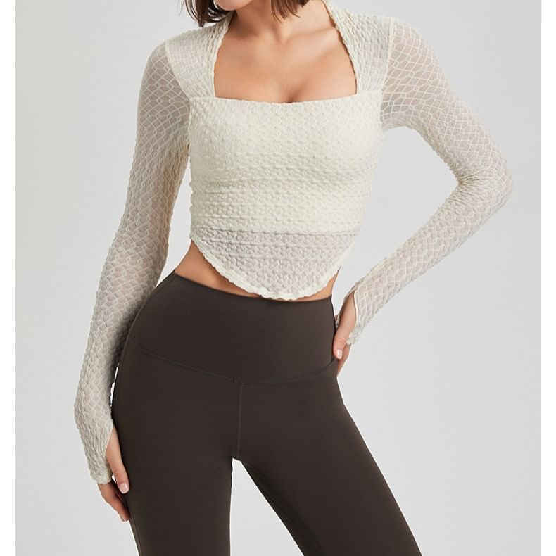 Bolgivy - Sport-T-shirt met lange mouwen, vierkante hals, effen cropped en slim fit