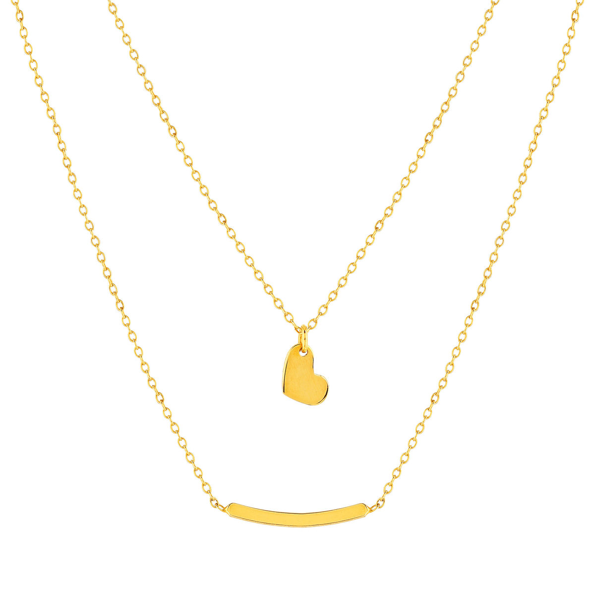 Collier or jaune 375 double rang motif coeur et barrette 42 cm