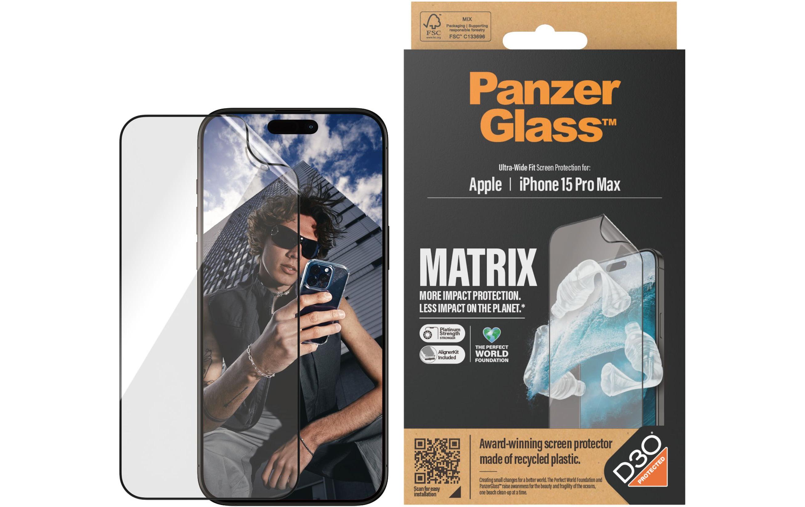 Displayschutz Matrix iPhone 15 Pro MaxDisplayschutzfolie mit Applicator und D30 (Rec. PET) für das Apple iPhone 15 Pro Max
