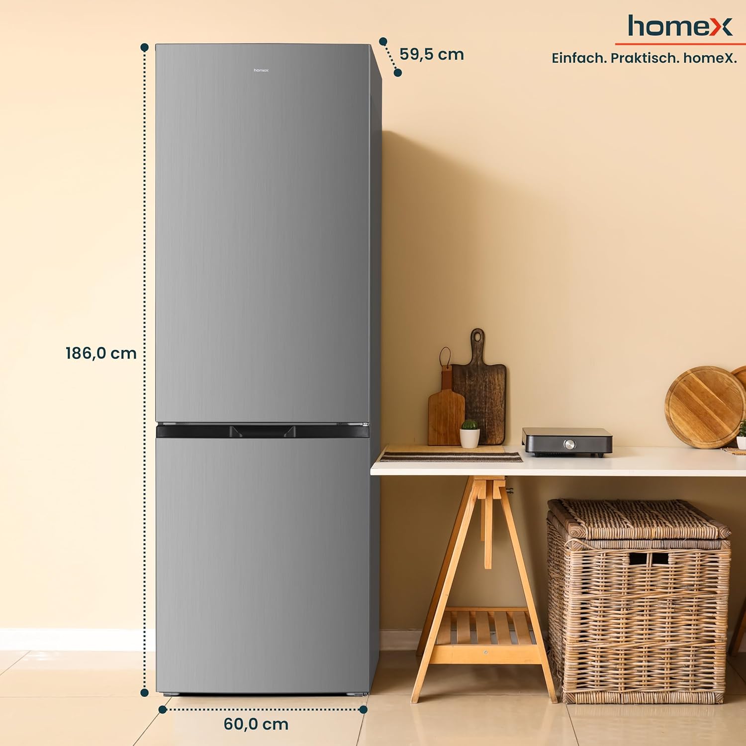 homeX Kühlschrank mit Gefrierfach, Kühl-Gefrier-Kombination freistehend, groß - 315 Liter, 4-Sterne Gefrieren, Super-Frost-Funktion, leise Kühlgefrierkombi, EEK C, XXL Kühl Gefrierkombination silber