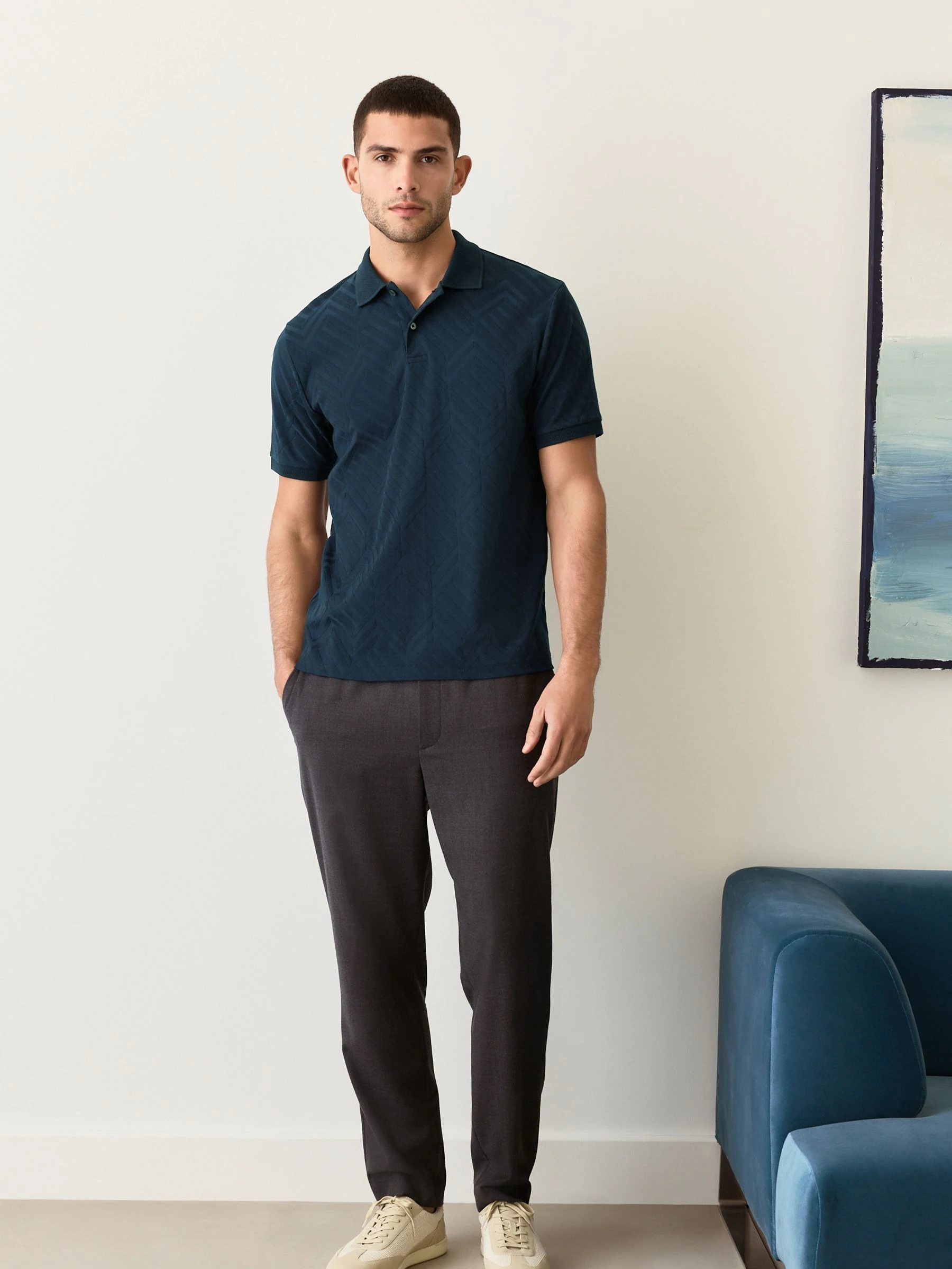 Donkerblauw - Normale Pasvorm - Net jacquard poloshirt