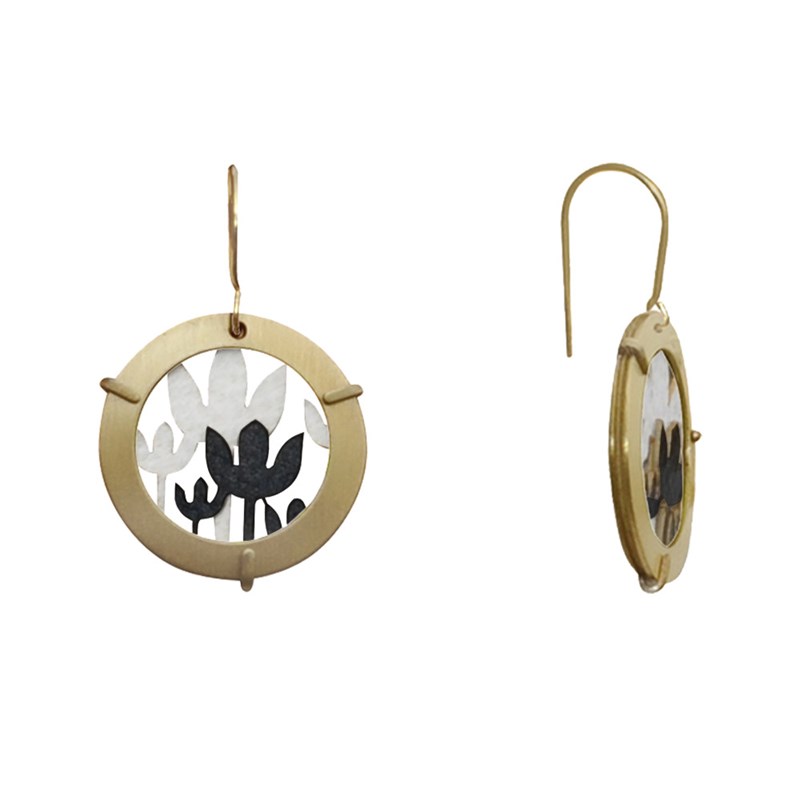 Boucles d'Oreilles Laiton Anneau et Fleurs en Cuir