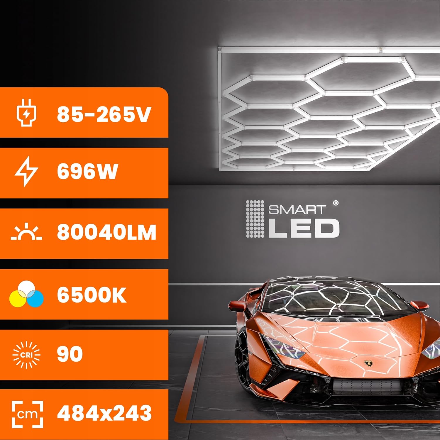 Garagenlampe Hexagon LED 298x209 cm – 15er Set Werkstattbeleuchtung 696W 6500K Kaltweiß – 115LM/W – IP54 – Flimmerfrei – CRI>90 – LED Panel Lichtsystem für Garage, Studio, Detailing, Büro