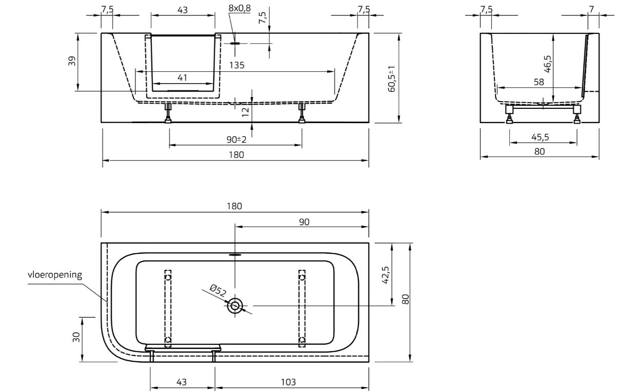Xenz GO! inloop douchebad acryl 180x80x60cm rechts wit glans met watervaluitloop