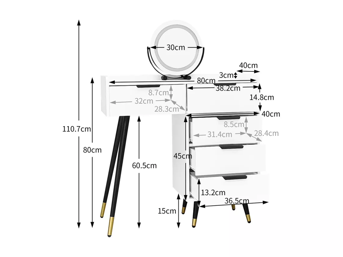 Table de toilette blanche (sans chaise), avec armoires latérales coulissantes, miroir à luminosité réglable, avec 5 tiroirs