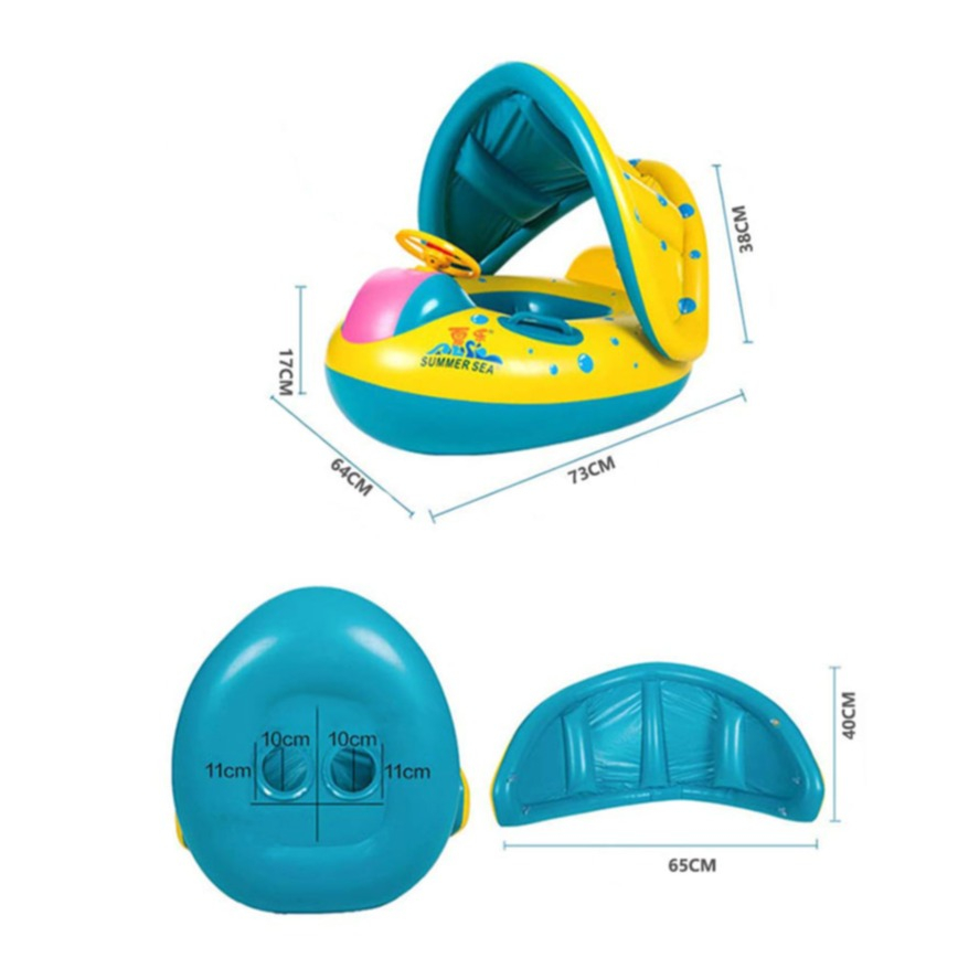 Aufblasbare Baby Schwimmhilfe Pool Sitz Wasser Ring inkl. Abnehmbarem Sonnendach - Blau / Gelb