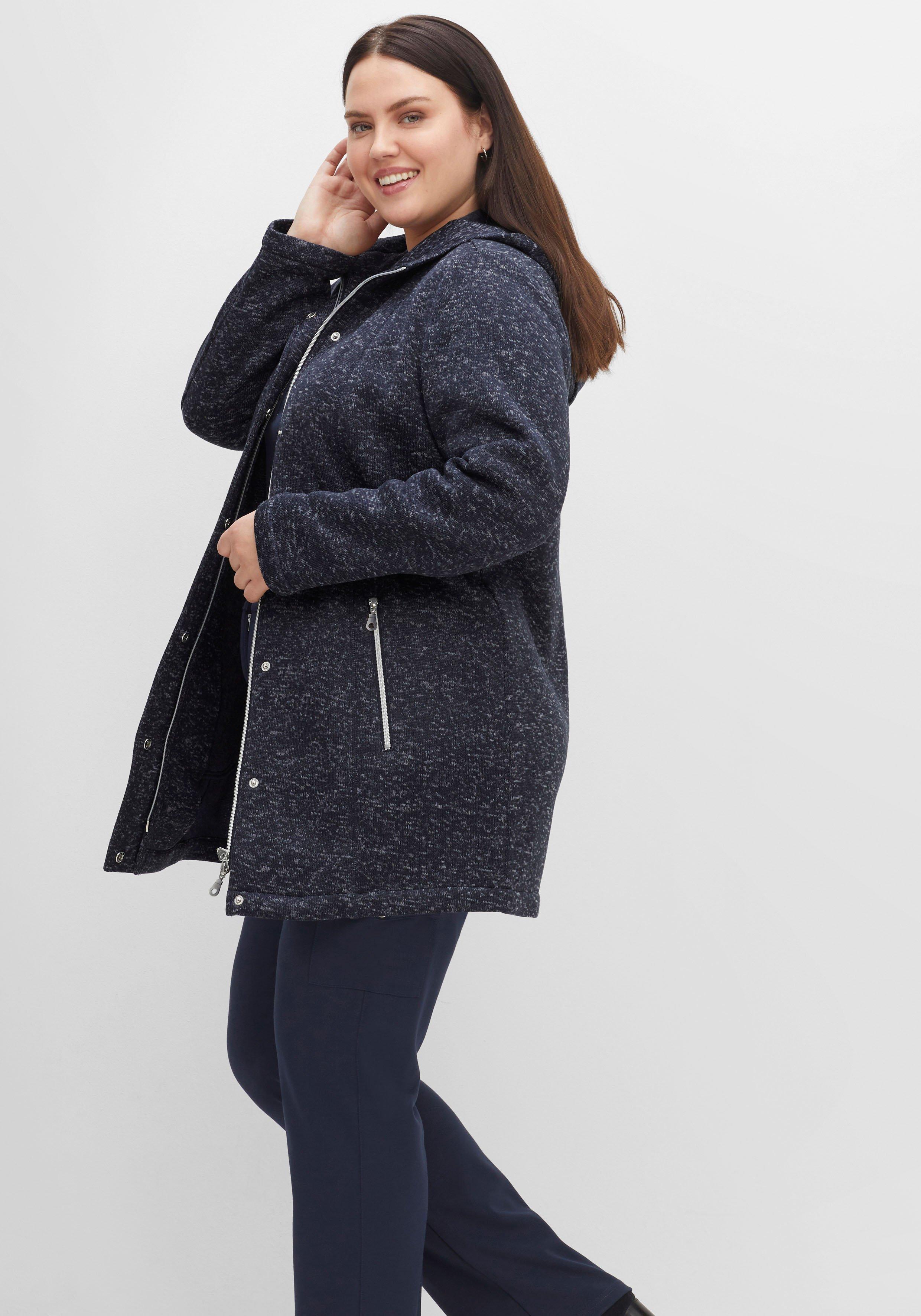 Lange melierte Strickfleecejacke mit Kapuze