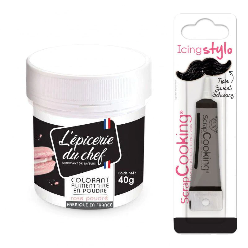 Colorant alimentaire en poudre rose clair 40 g + Stylo glaçage noir Sc