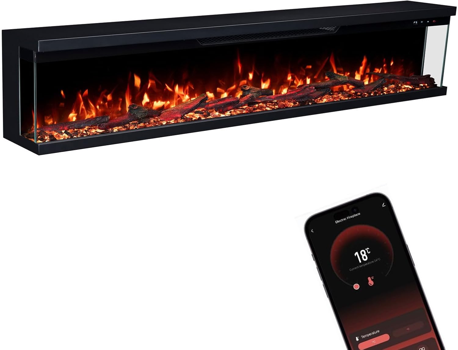 GLOW FIRE Elektrokamin Insert 182 mit realistischem 3D LED-Feuer - Wand-Elektrokamin mit Heizung und Kaminfeuer, App Steuerung, Knistereffekt & Timer, max. 1800 W, 183x35x19cm