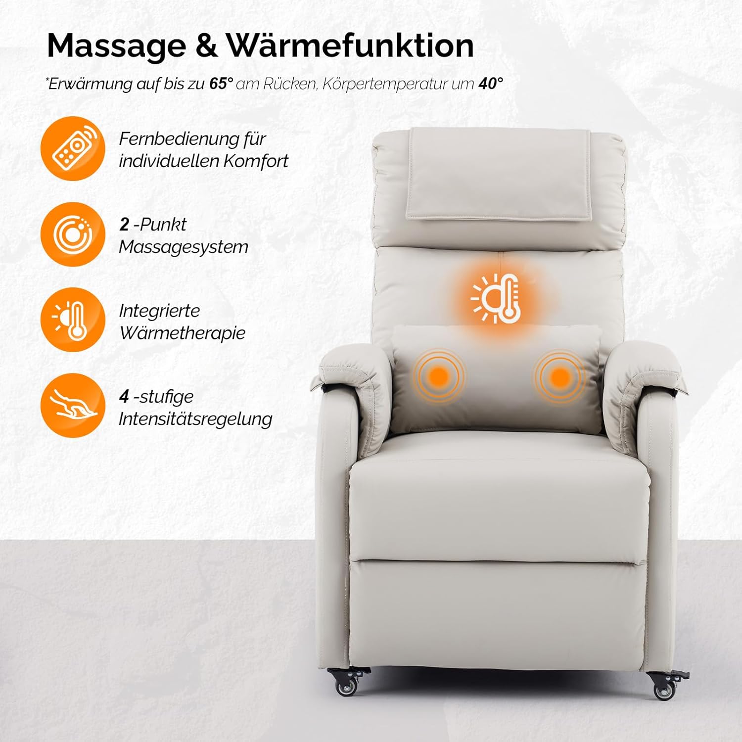 Bonnlo Relaxsessel, Fernsehsessel, Elektrisch Massagesessel mit Liegefunktion, TV Sessel, 2-Punkt-Massage & Wärmefunktion, USB-C & USB-A Anschlüsse, 1 Seitentasche, Kratzfestes Leder, Beige