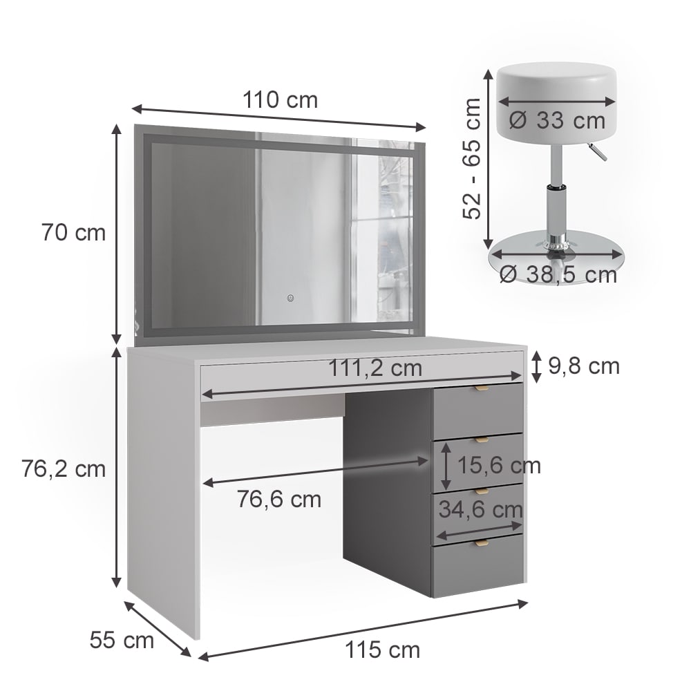 Vicco Schminktisch Elise Weiß Grau 115 x 76 cm modern Frisiertisch Schubladen LED-Spiegel Hocker