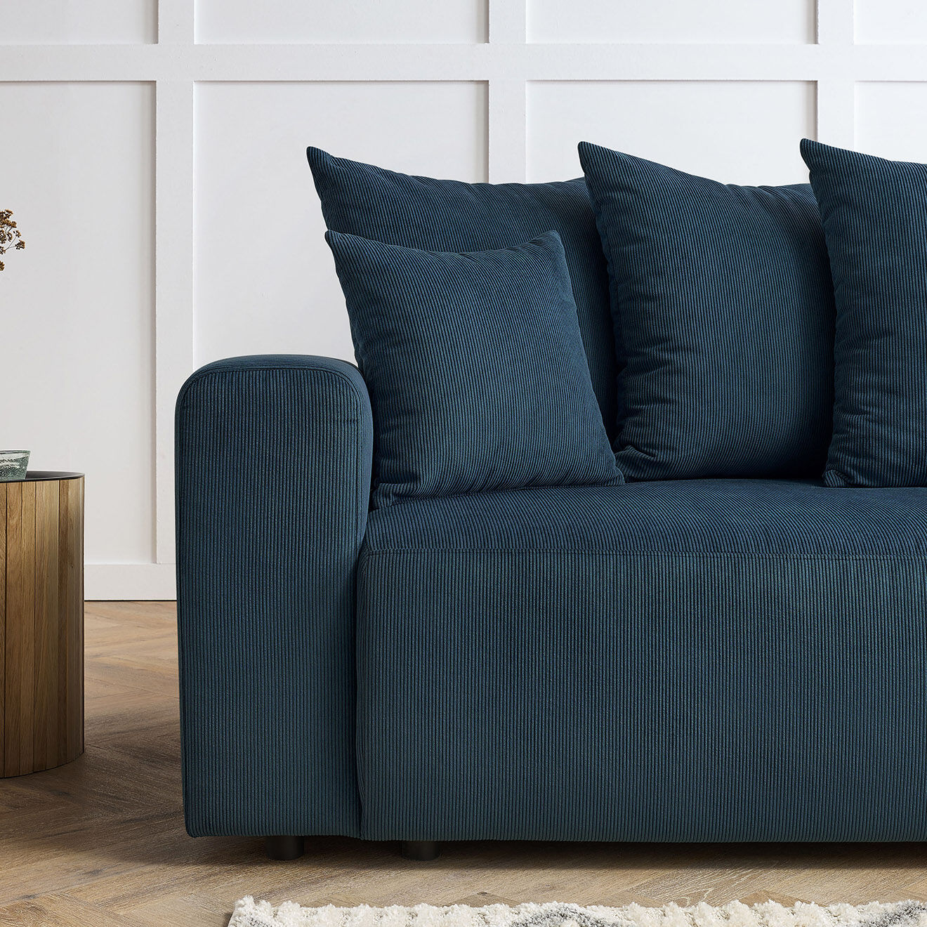 Bobochic Canapé droit fixe 3 places envy velours côtelé bleu foncé - 240x100x95 cm