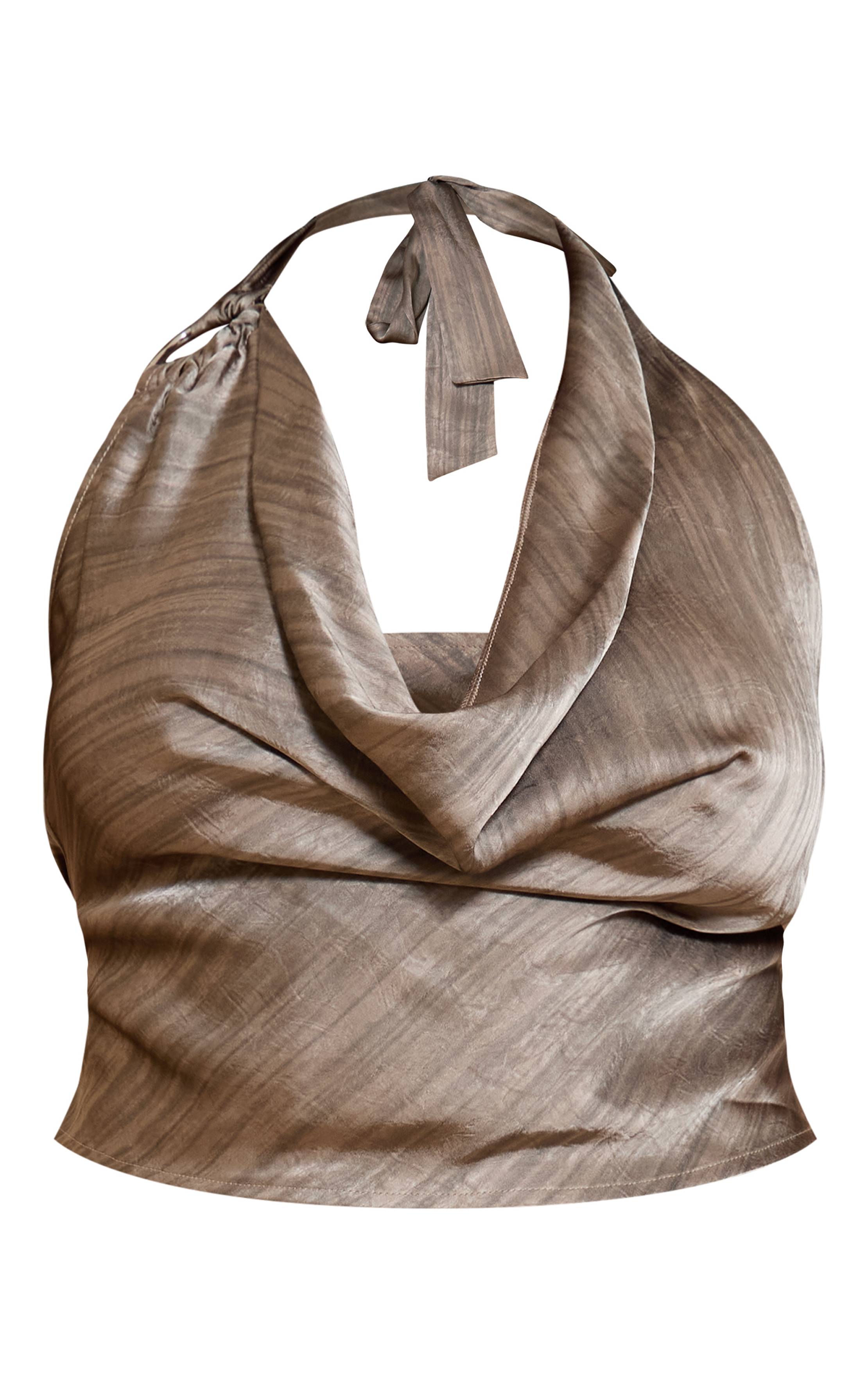 Gris Top Court Grande Taille En Satin Texturé Imprimé Avec Col Licou Métallique Coordonné