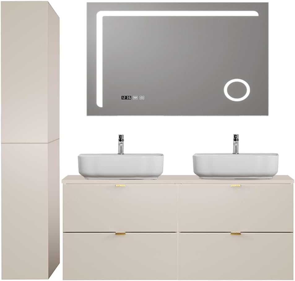 Lomadox Badezimmer Badmöbel Set 3-teilig mit 120 cm Waschtisch in Kaschmir matt, DURANGO-56, inkl. Keramikwaschbecken & LED-Spiegel