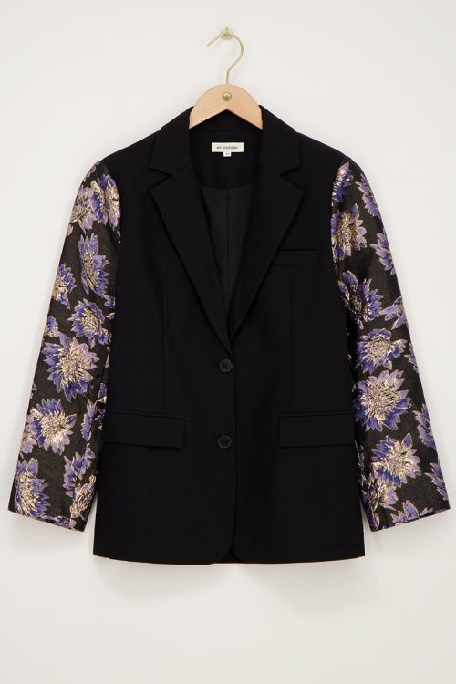 Zwarte blazer met jacquard mouwen