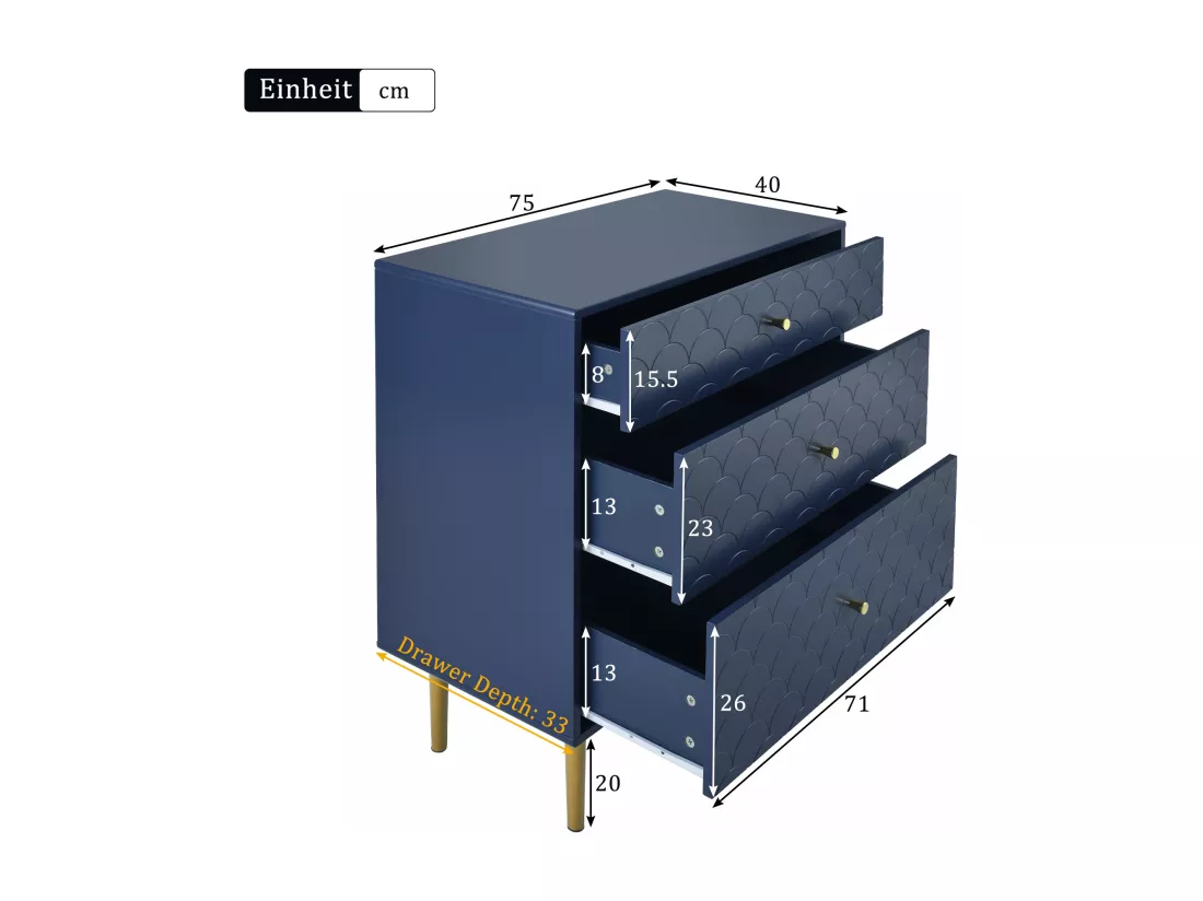 Commode avec 3 tiroirs, Buffet, Bois massif + panneaux de particules, Bleu marine - H89/L75/P40 cm