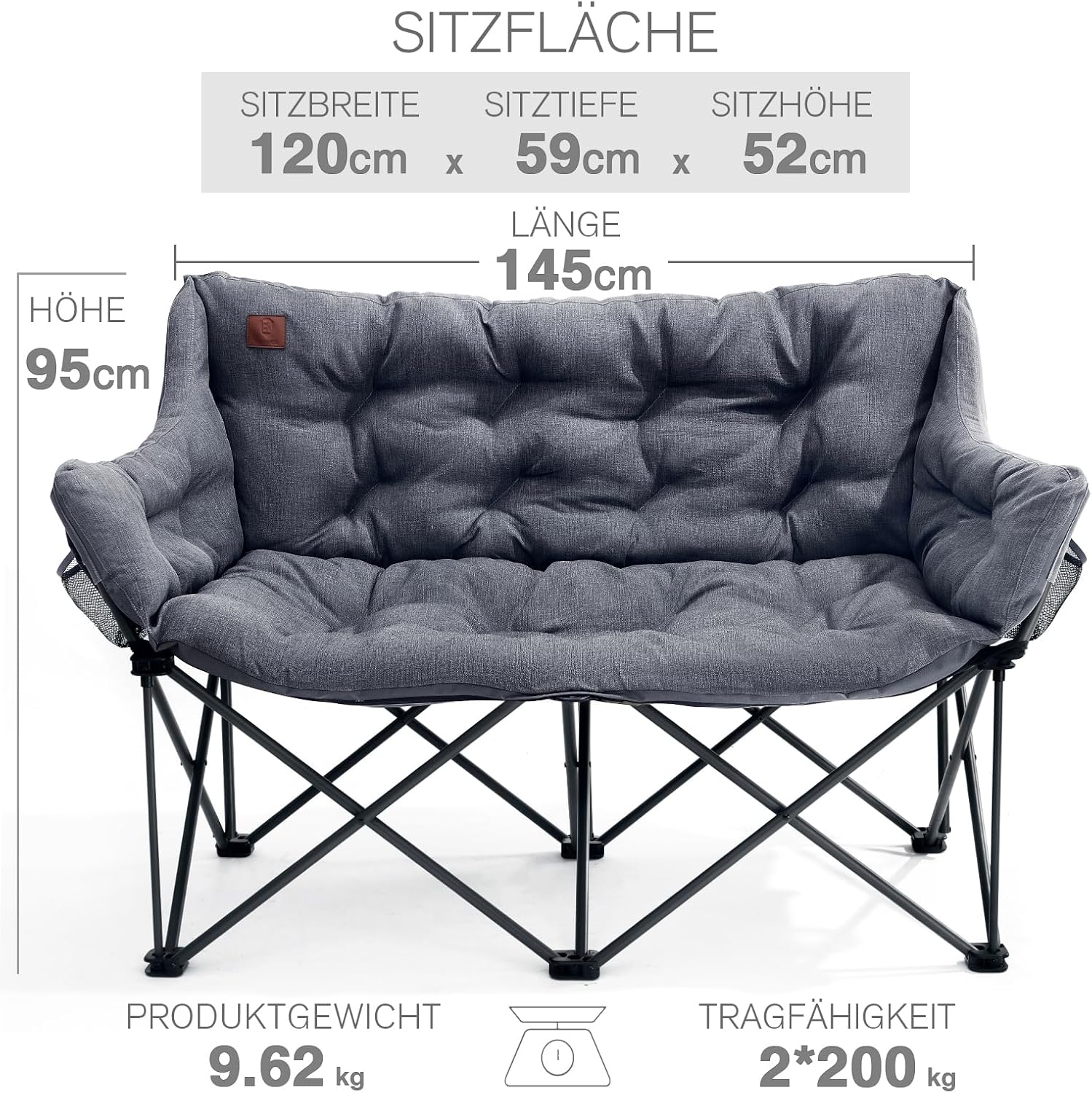 EVER ADVANCED Campingstuhl Faltbar 145cm Breit für 2 Personen Faltsofa 400KG Belastbar, Campingsofa Dick Gepolstert Klappstuhl 2 Sitzer Hohe Lehne Extra Breit für Outdoor Garten Balkon Indoor