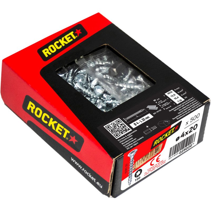 Vis à bois Rocket tête fraisée Torx (étoile) acier zingué, filetage total - Boîte de 500