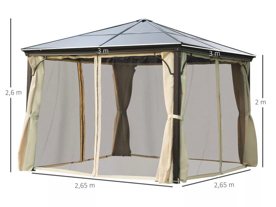 Tonnelle pavillon de jardin imperméable 4 parois latérales anti-UV 4 moustiquaires panneaux polycarbonate alu 3L x 3l x 2,6H m chocolat beige