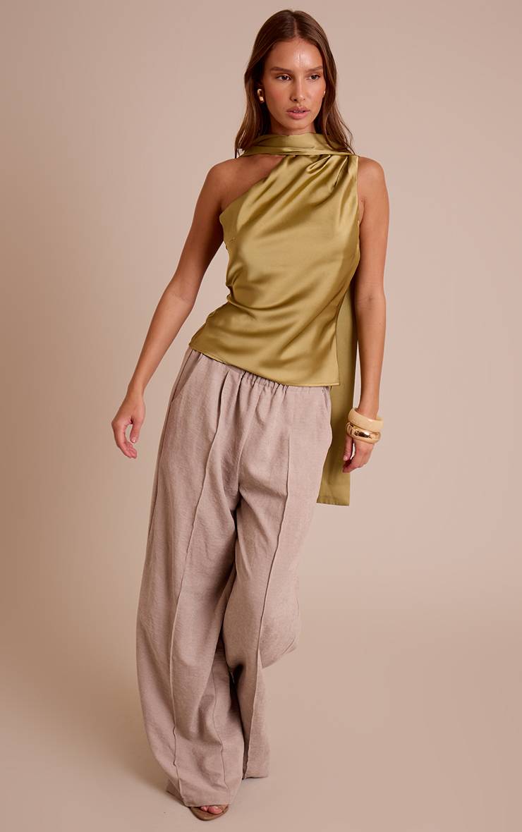 Vert Olive Top En Satin À Détail Foulard Asymétrique