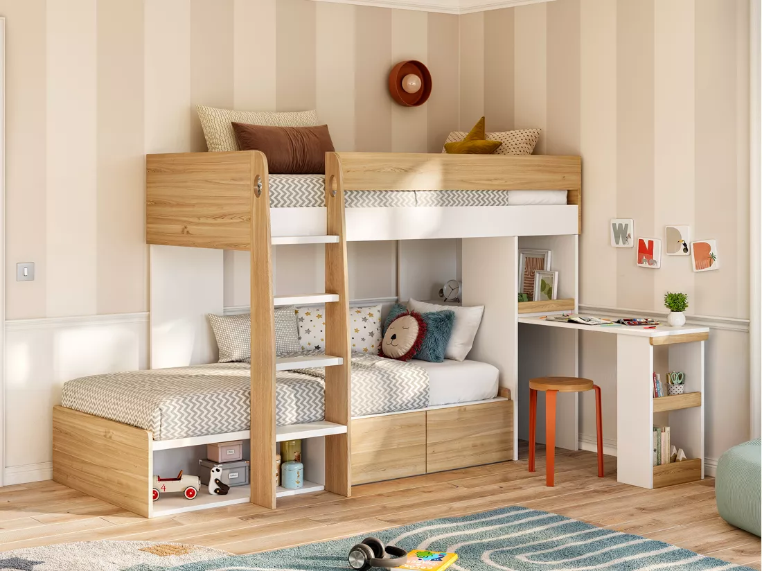 Lits superposés 2 x 90 x 190 cm avec bureau et rangements - Coloris : Naturel et blanc + Matelas - LOMIDEN