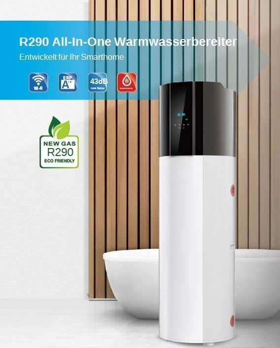 Warmwasser-Wärmepumpe 200L mit WIFI-Funktion | Brauchwasser | ohne Wärmetauscher | R290 | A+ | Panasonic Kompressor | leise | platzsparend & geräuscharm für Innenbereiche