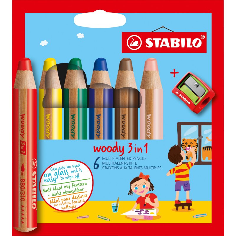 Crayon de couleur Stabilo Woody 3 en 1 couleurs assorties - Etui de 6 + 1 taille-crayons