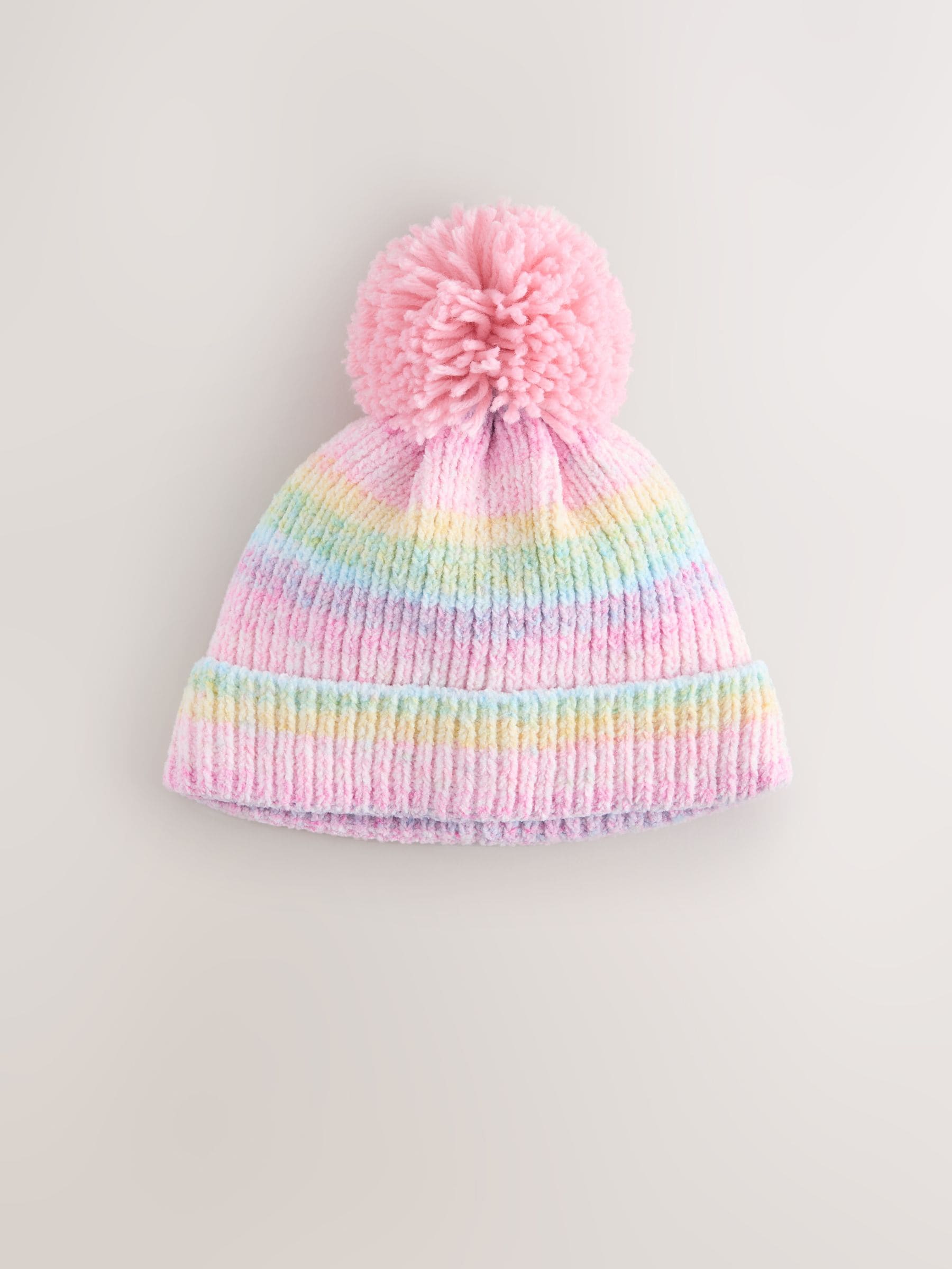 Meerkleurig - Gebreide babymuts van chenille met pompon (0mnd-2jr)