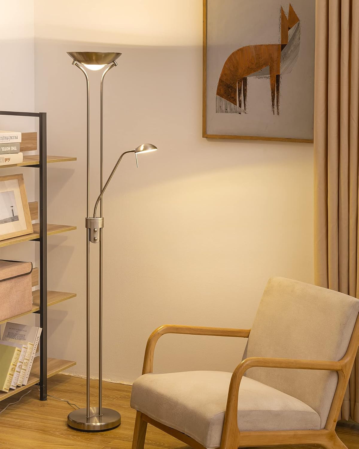Home Sweet Home Moderner Matt Satiniert LED-Stehleuchte | 50/50/180cm | Retro Stehlampe Dimmbar Mit Leselampe | Inkl. R7s+G9 Lichtquelle | Warmweiß | Deckenfluter Für Wohnzimmer, Schlafzimmer